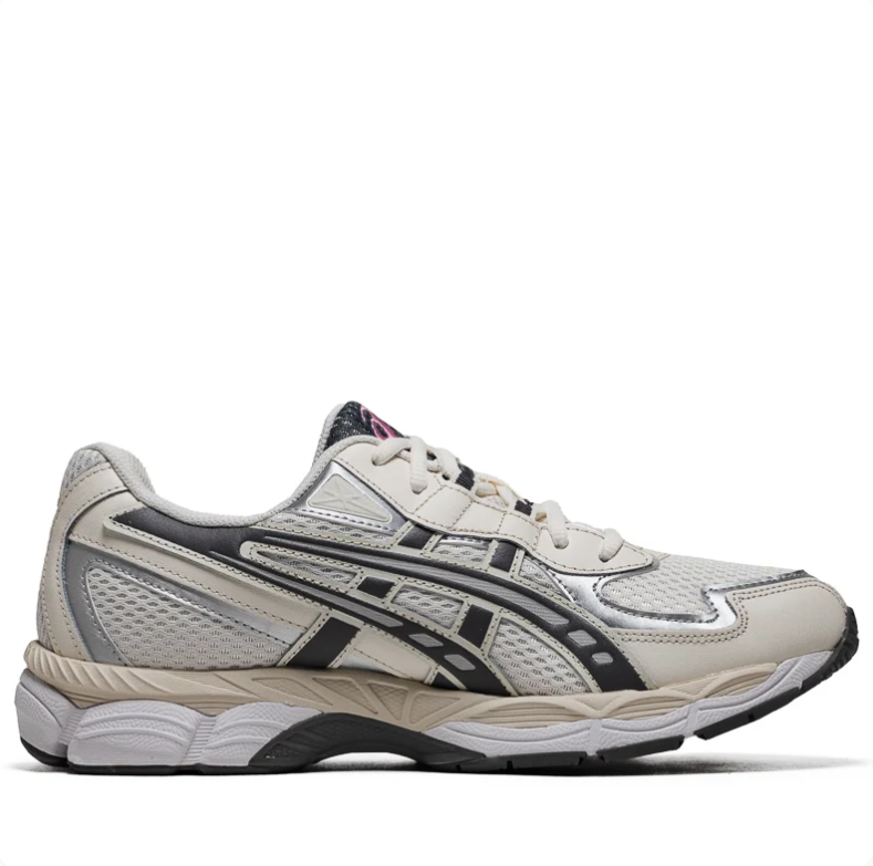 ASICS Cream & Silver Mesh Low-Top Sneakers with Pink Accents
