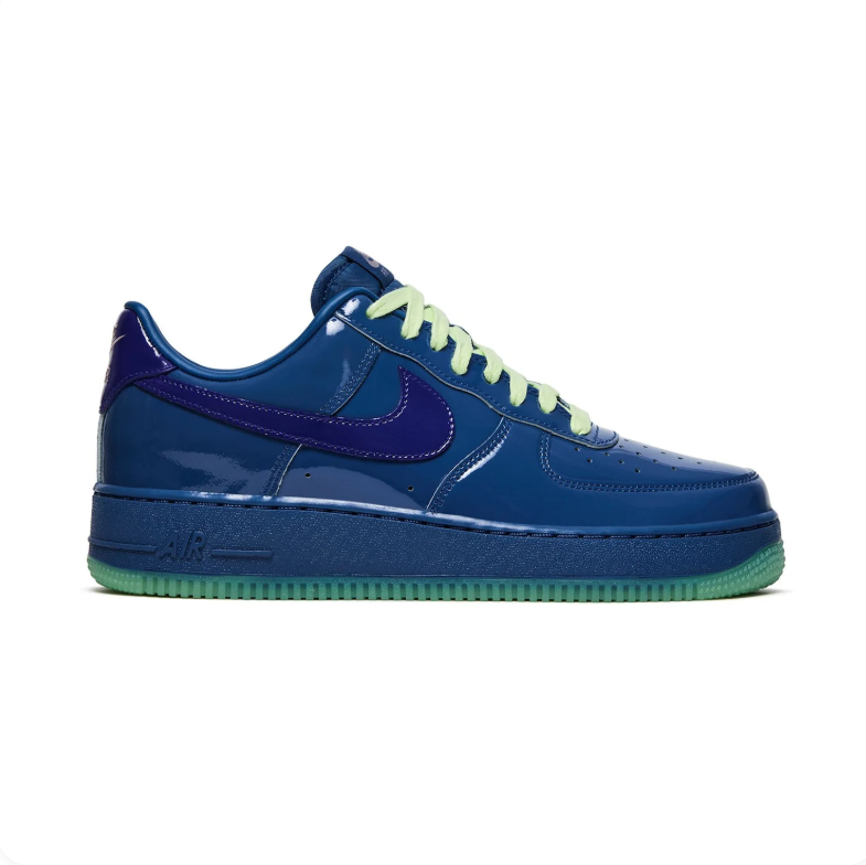 Nike Glossy Blue Low-Top Sneakers with Purple Swoosh & Mint Green Soles