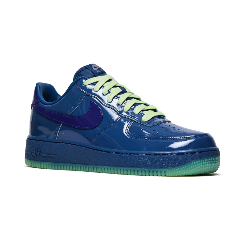 Nike Glossy Blue Low-Top Sneakers with Purple Swoosh & Mint Green Soles