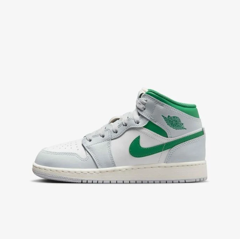 Air Jordan White & Light Gray Mid-Top Sneakers with Green Accents