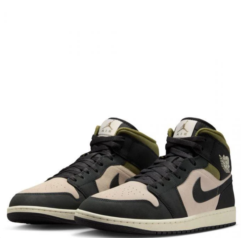 Air Jordan Black & Beige Mid-Top Sneakers with Olive Accents