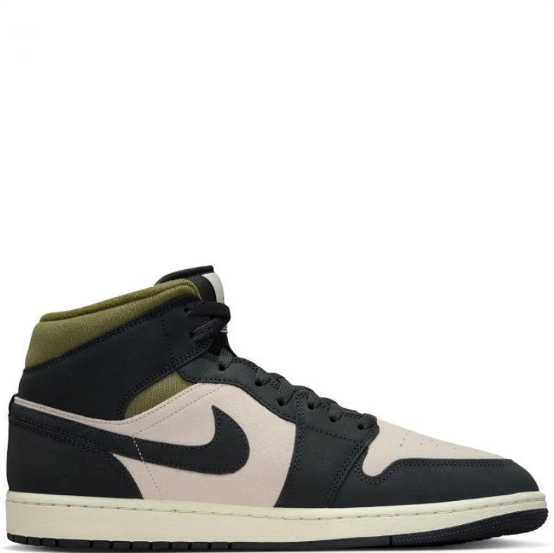Air Jordan Black & Beige Mid-Top Sneakers with Olive Accents
