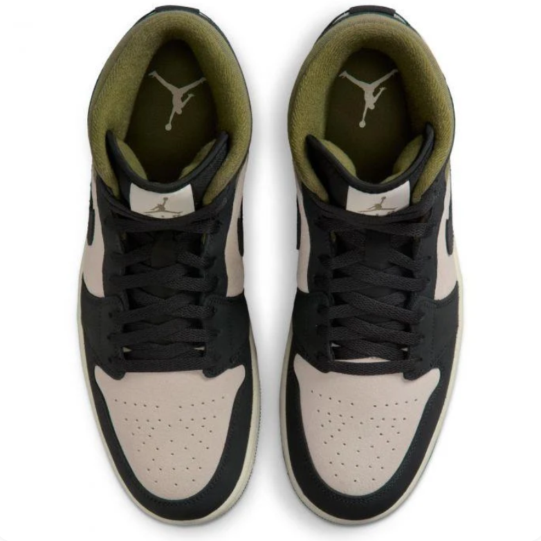 Air Jordan Black & Beige Mid-Top Sneakers with Olive Accents