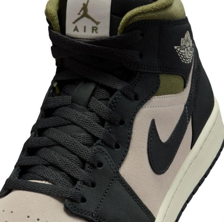 Air Jordan Black & Beige Mid-Top Sneakers with Olive Accents