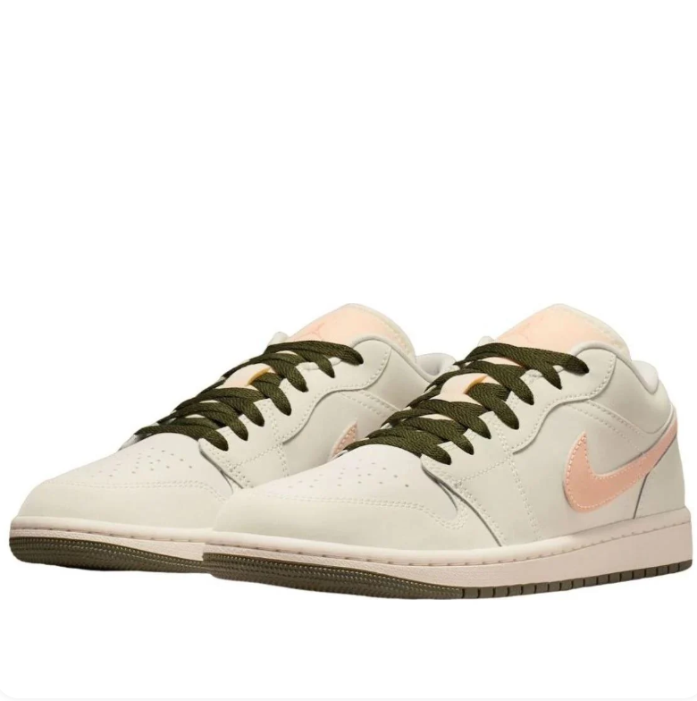 Air Jordan Cream Low-Top Sneakers with Peach Swoosh & Olive Accents