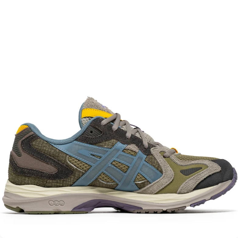ASICS Olive Green & Blue Low-Top Sneakers with Yellow Accents